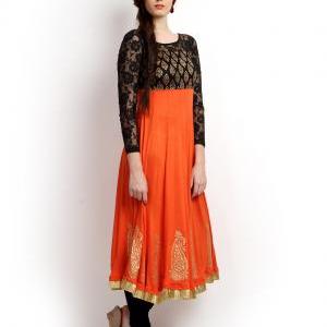 Women Orange & Black Printed Anarkali..