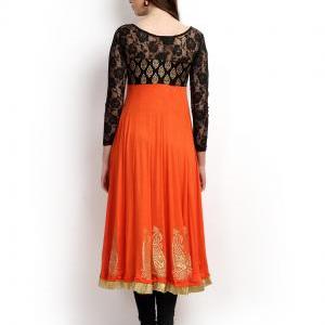 Women Orange & Black Printed Anarkali..