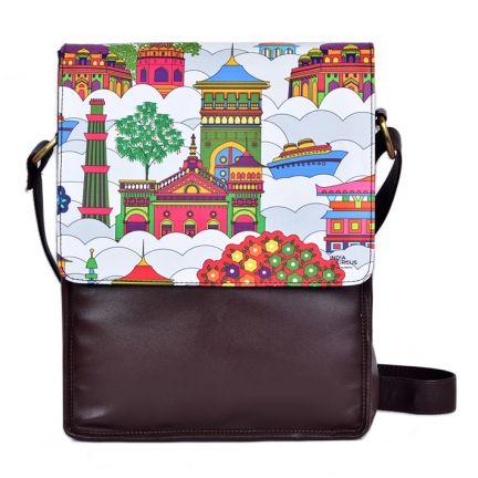 India Circus Contemporary Jalebi Namaste Sky Line Sling Bag Brown, White & Green, Perfect Gift Cycle Ride Hand Bag For Unisex Adult.