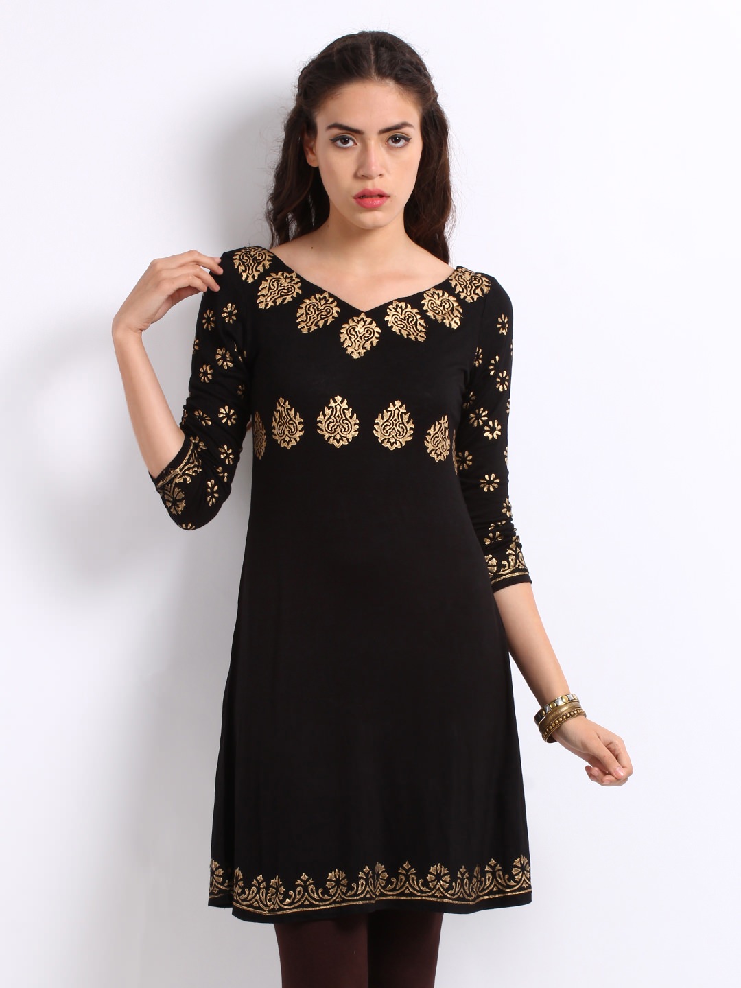 Women Black & Gold Printed Kurta (Perfect Gift For Women) Super Fast Delivery : Your Daughter, GF and Wife will have big Smile and Happiness