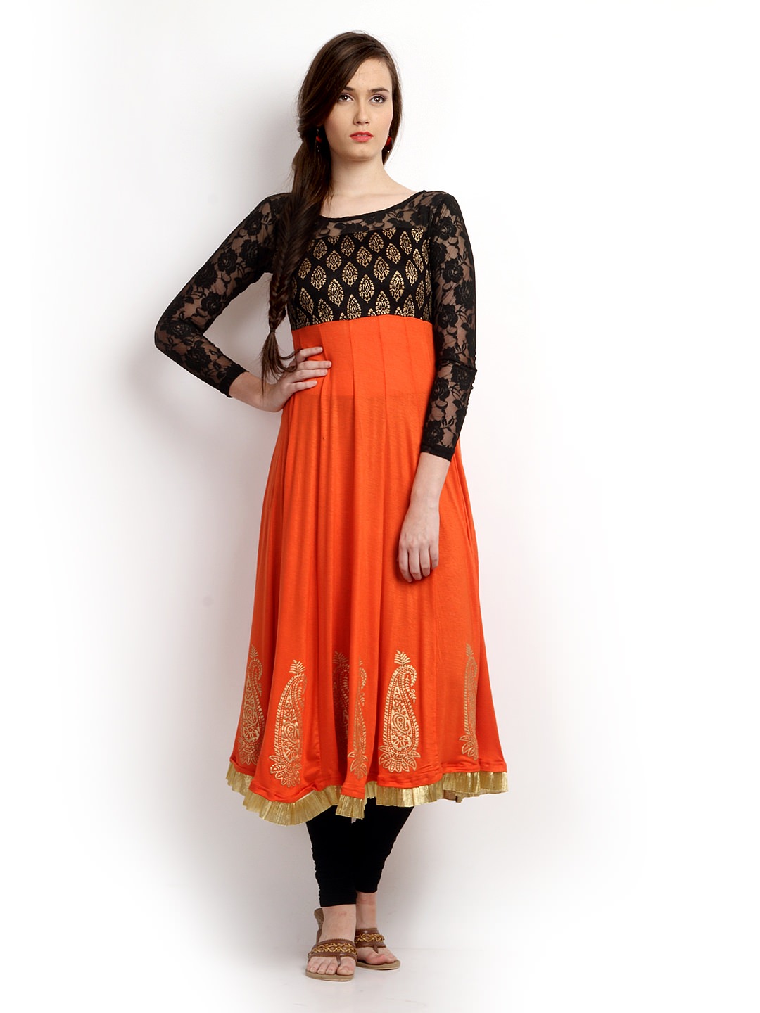 Women Orange & Black Printed Anarkali Kurta