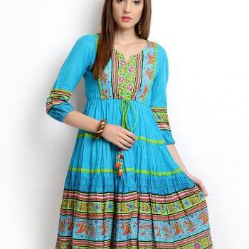 Women Blue Printed Anarkali Kurta,(Perfect Gift For Women)Super Fast Delivery:Your Daughter, GF and Wife will have big Smile and Happiness